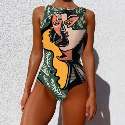 One-piece swimsuit with abstract face design on a white background