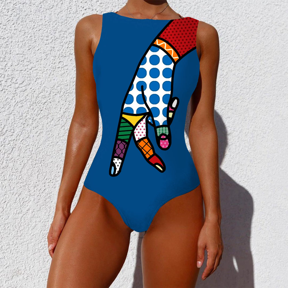 One-piece swimsuit with colorful abstract design on a white background