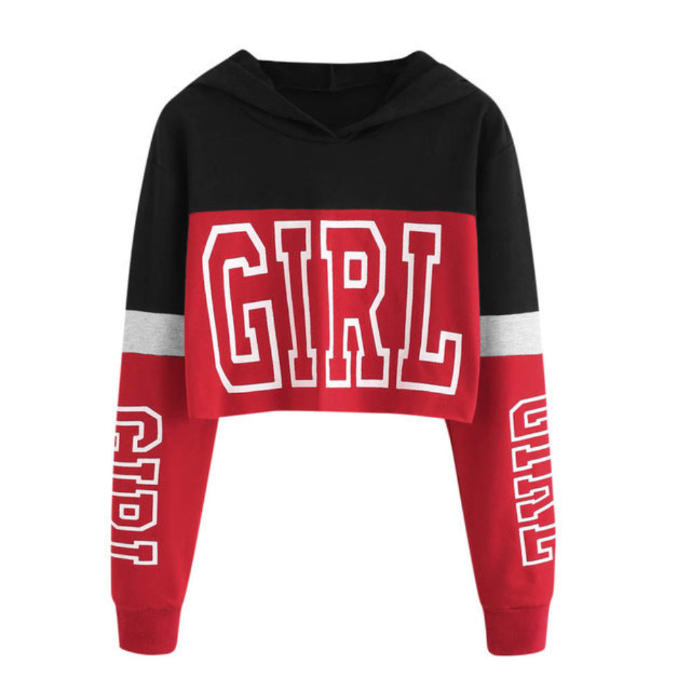 Black and red colorblock cropped hoodie with large "GIRL" graphic print on the front and sleeves, shown flat lay on white background.
