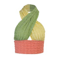 Colorful crinkled fabric hair accessory or headband with a coral pink scalloped base and a twisted top section in lime green and pale yellow textured fabric.