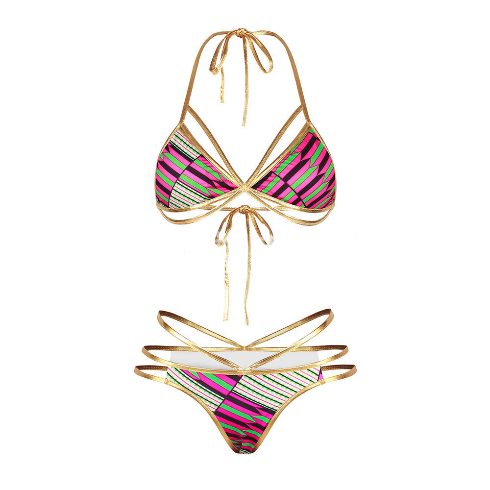 Pink green geometric bikini set with gold trim and strappy detail.