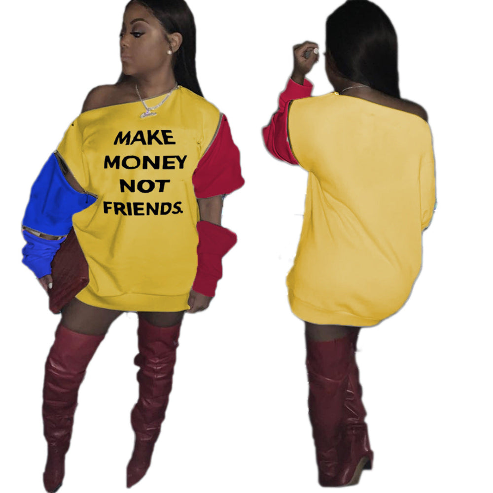 Front and back view of a yellow “Make Money Not Friends” color block sweatshirt dress with red and blue sleeves.