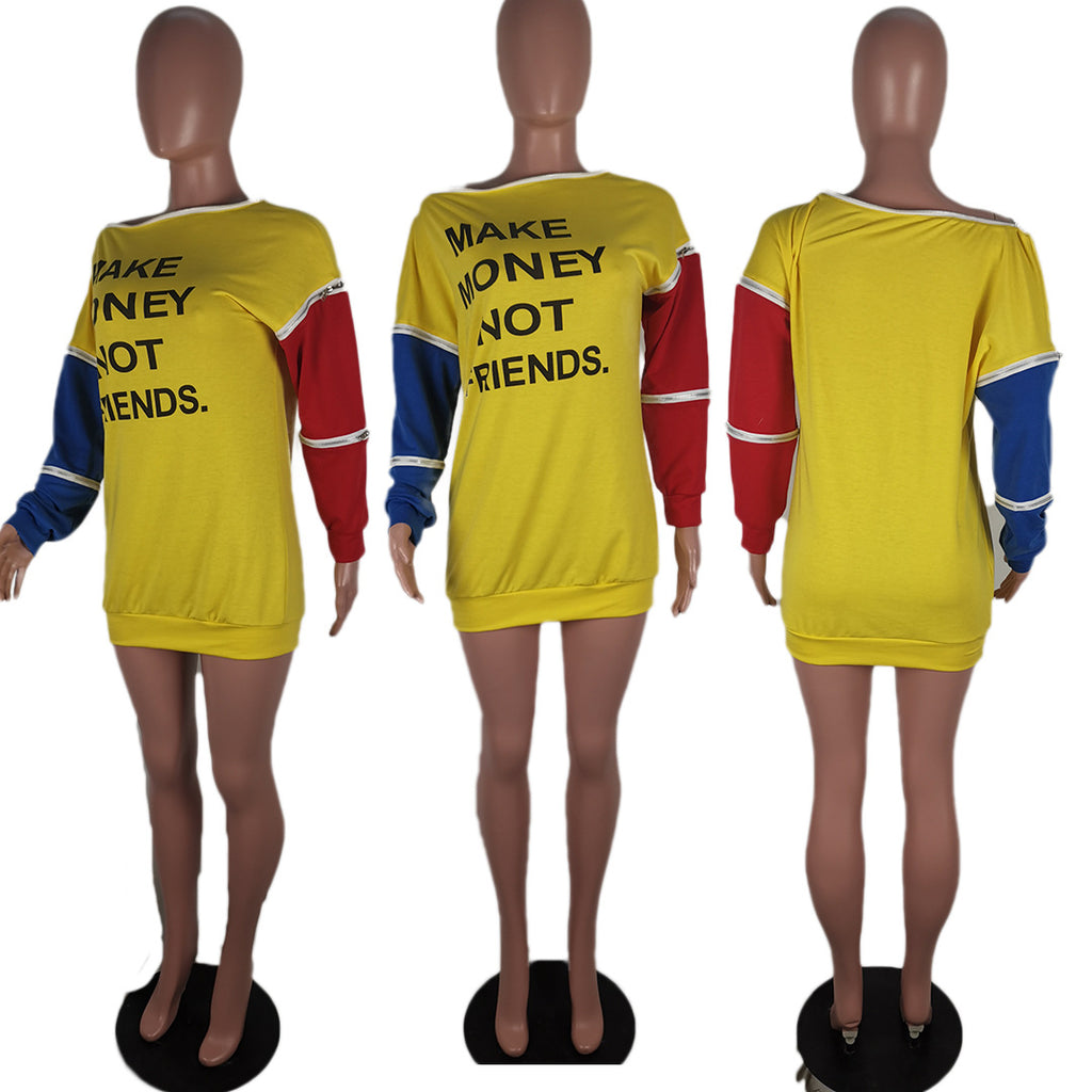 Yellow color block sweatshirt dress with “Make Money Not Friends” print and red and blue sleeves.