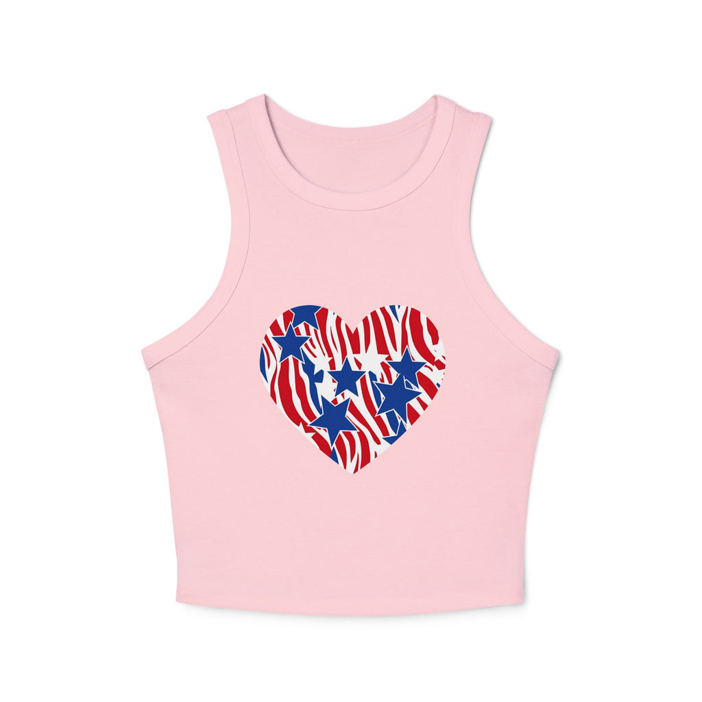 Women's Patriotic Zebra Print Crop Top, 4th of July Stars Micro Rib Tank