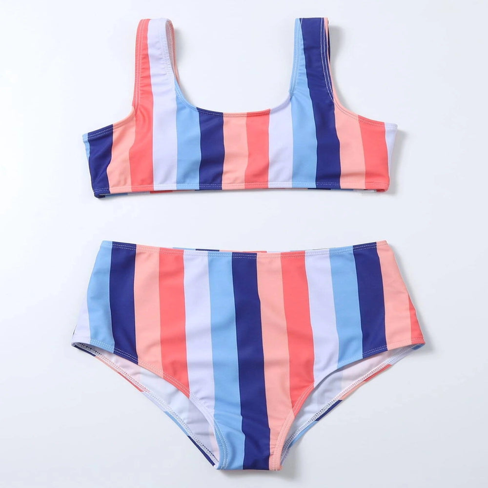 Colorful striped bikini set on a white background