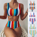 Multicolored striped bikini set with additional images on the right.
