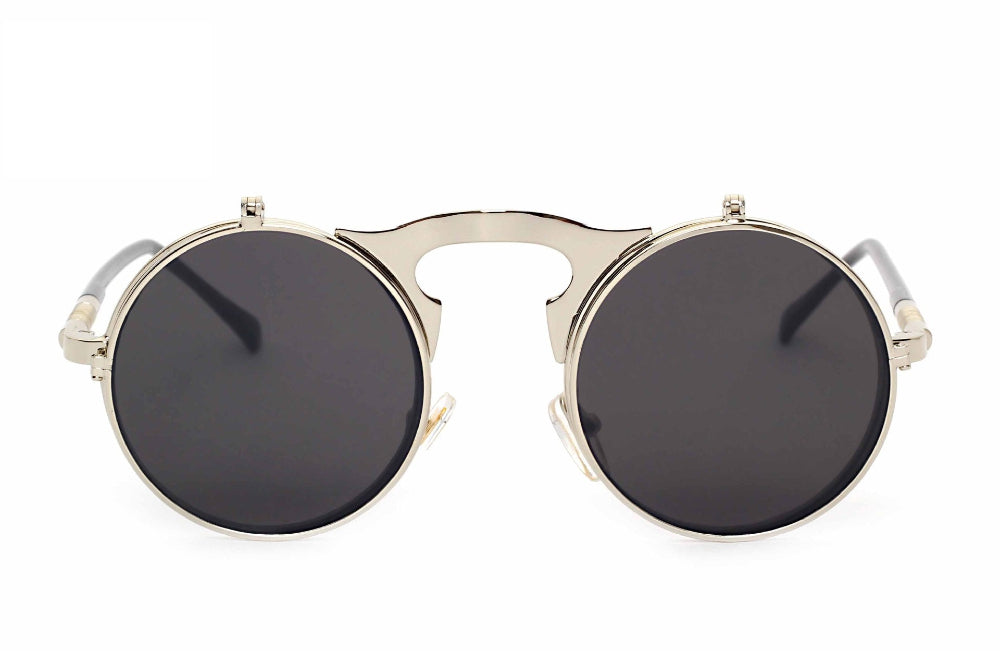 Silver flip-up steampunk sunglasses with solid dark round lenses, front product photo on a white background.