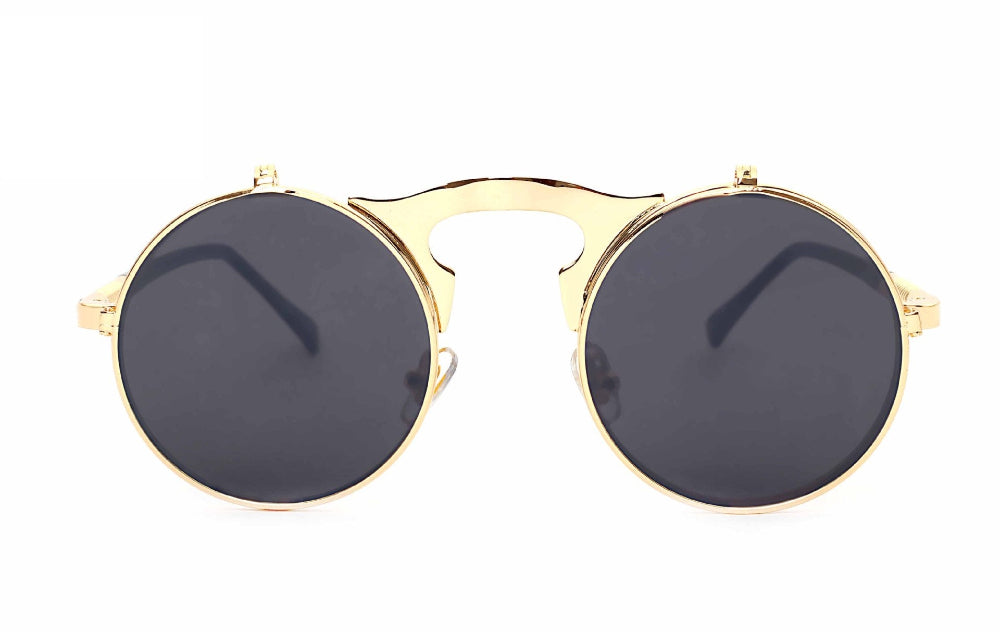 Gold flip-up steampunk sunglasses with solid dark round lenses, front product photo on a white background.