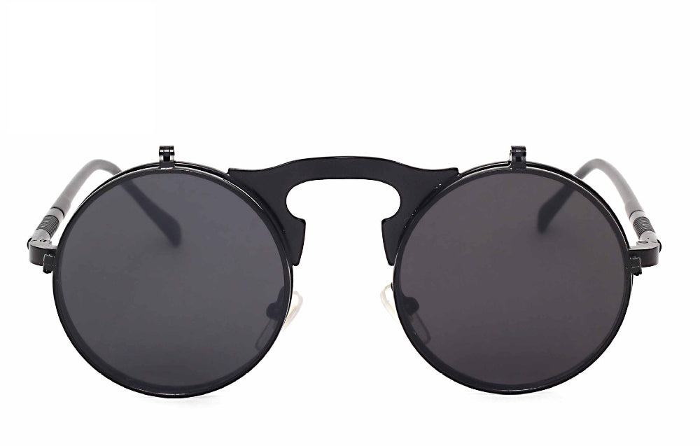 Black flip-up steampunk sunglasses with solid dark round lenses, front product photo on a white background.