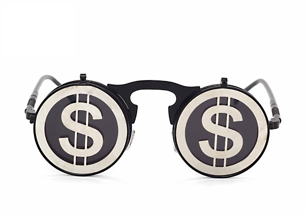 Black flip-up steampunk sunglasses with silver dollar-sign covers over dark lenses, front product photo on a white background.