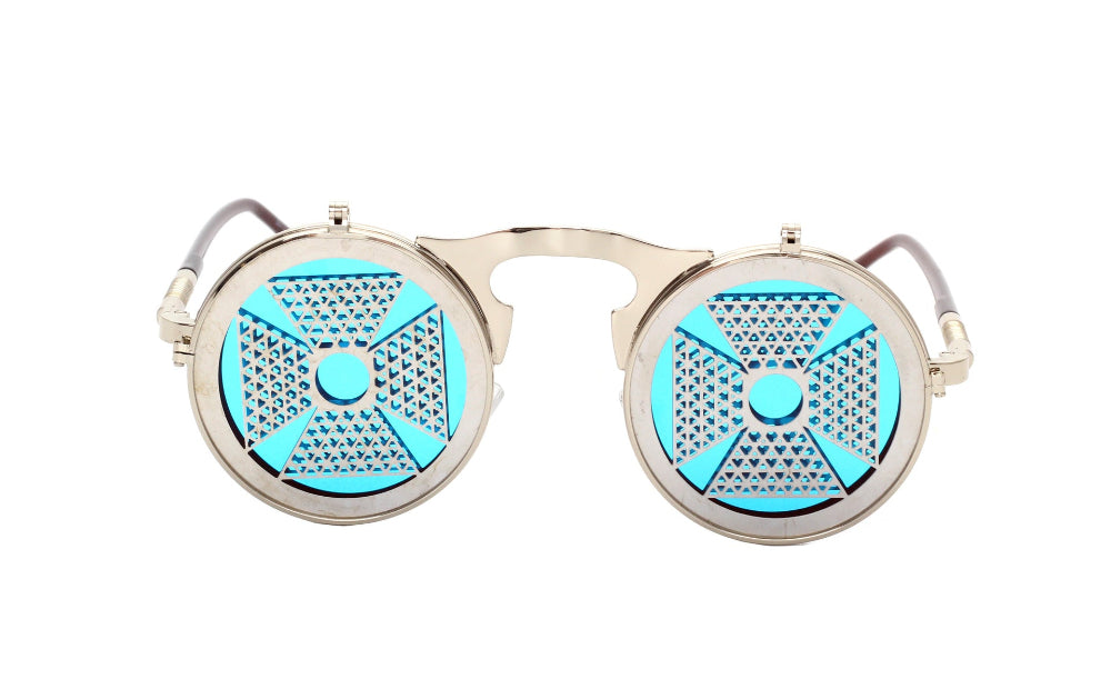 Silver flip-up steampunk sunglasses with mesh cross covers over bright blue lenses, front product photo on a white background.