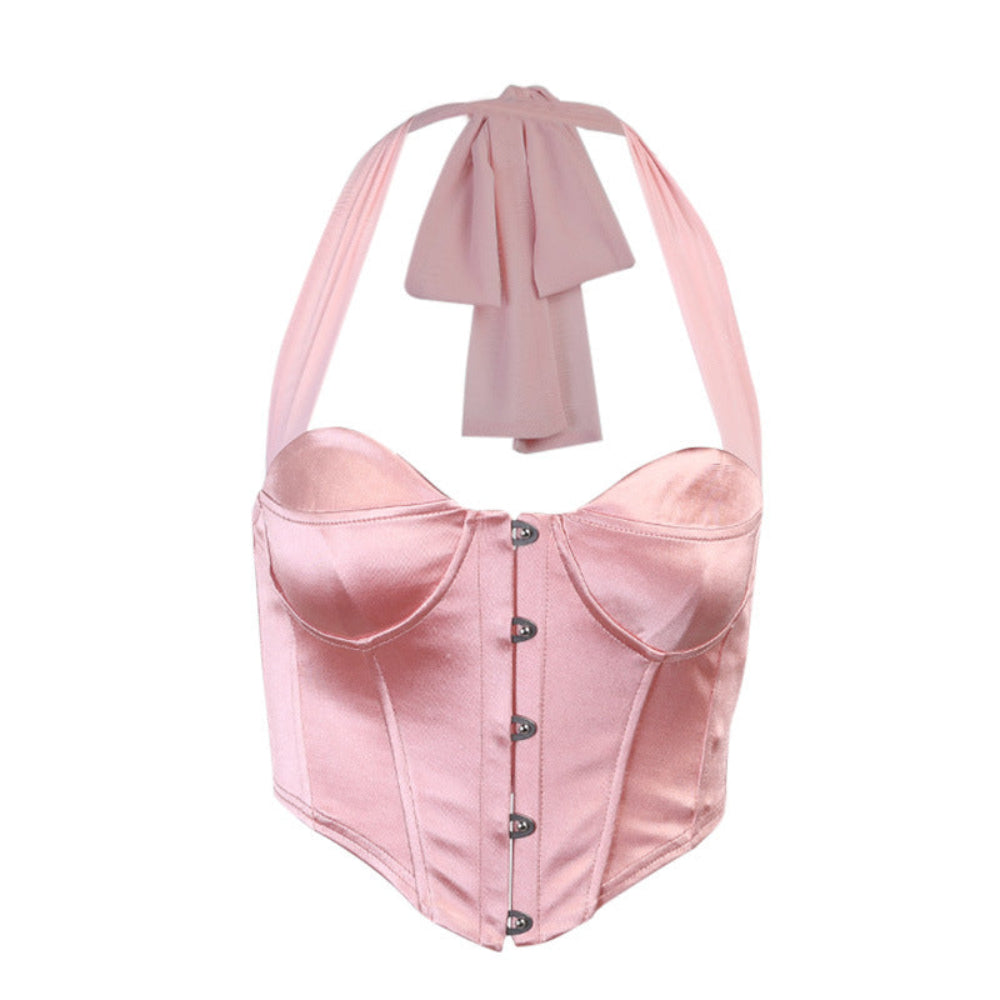 Pink Satin Corset Halter Top - Blush Pink Bustier Button Front Halter Neck Crop Top for Women