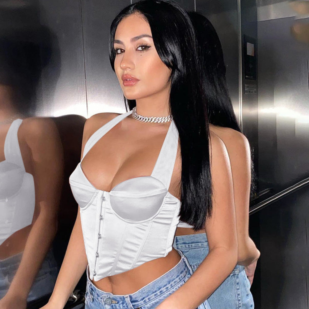 White Corset Halter Crop Top - White Bustier Button Front Halter Neck Fitted Crop Top for Women
