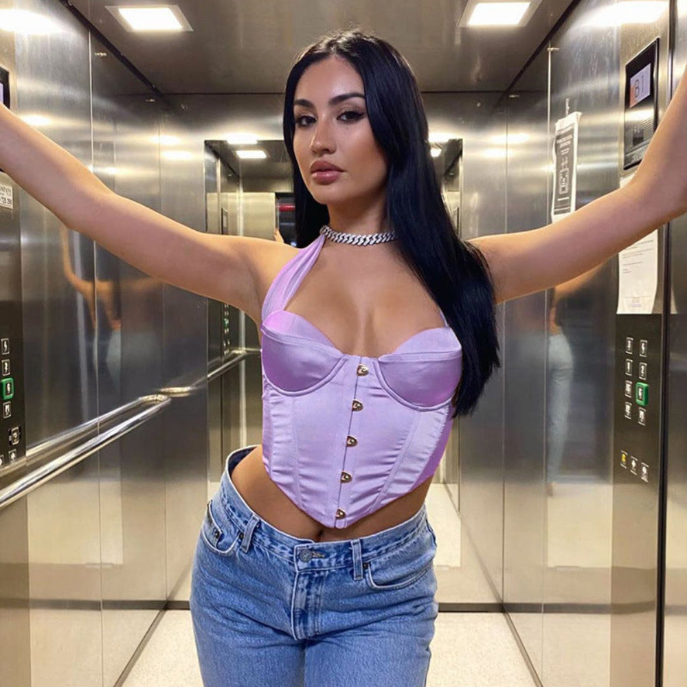 Lilac Purple Satin Corset Halter Top - Light Purple Bustier Button Front Halter Neck Crop Top for Women