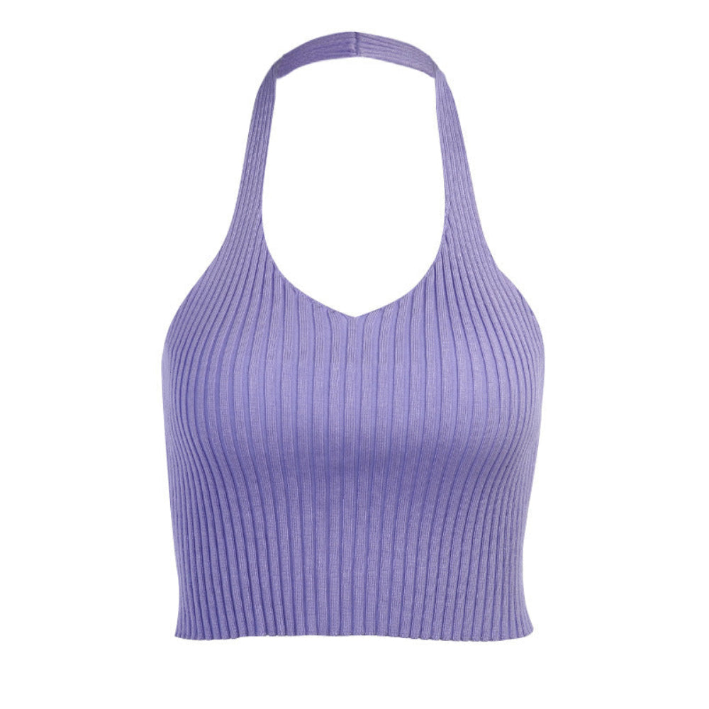 Lavender Purple Ribbed Halter Crop Top - Knit Sleeveless Deep V-Neck Summer Crop Top for Women