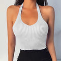 White Ribbed Halter Crop Top - Knit Deep V-Neck Sleeveless Fitted Summer Crop Top for Women