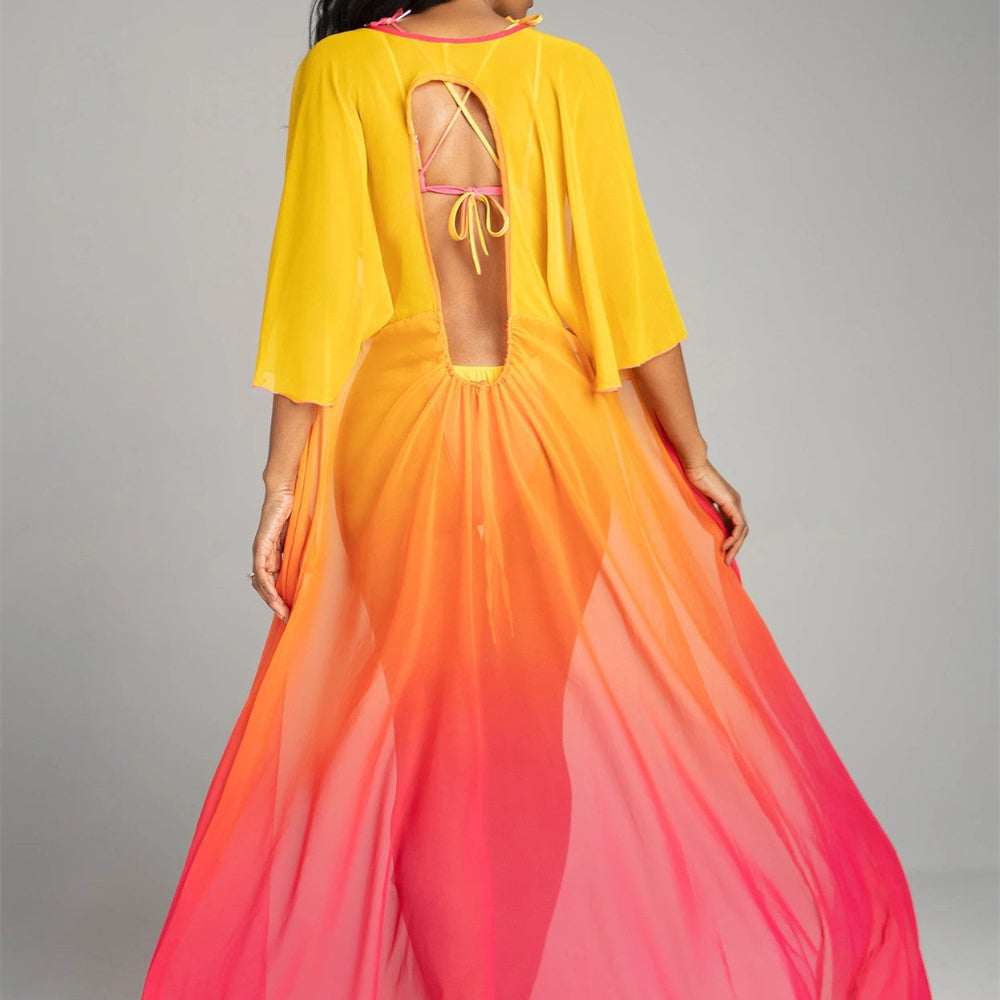 Ombre yellow orange pink sheer kimono cover-up with open back and tie detail.