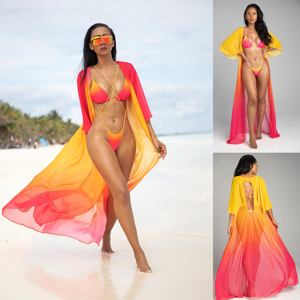 Ombre pink yellow bikini and matching sheer kimono cover-up set – beach and studio look.