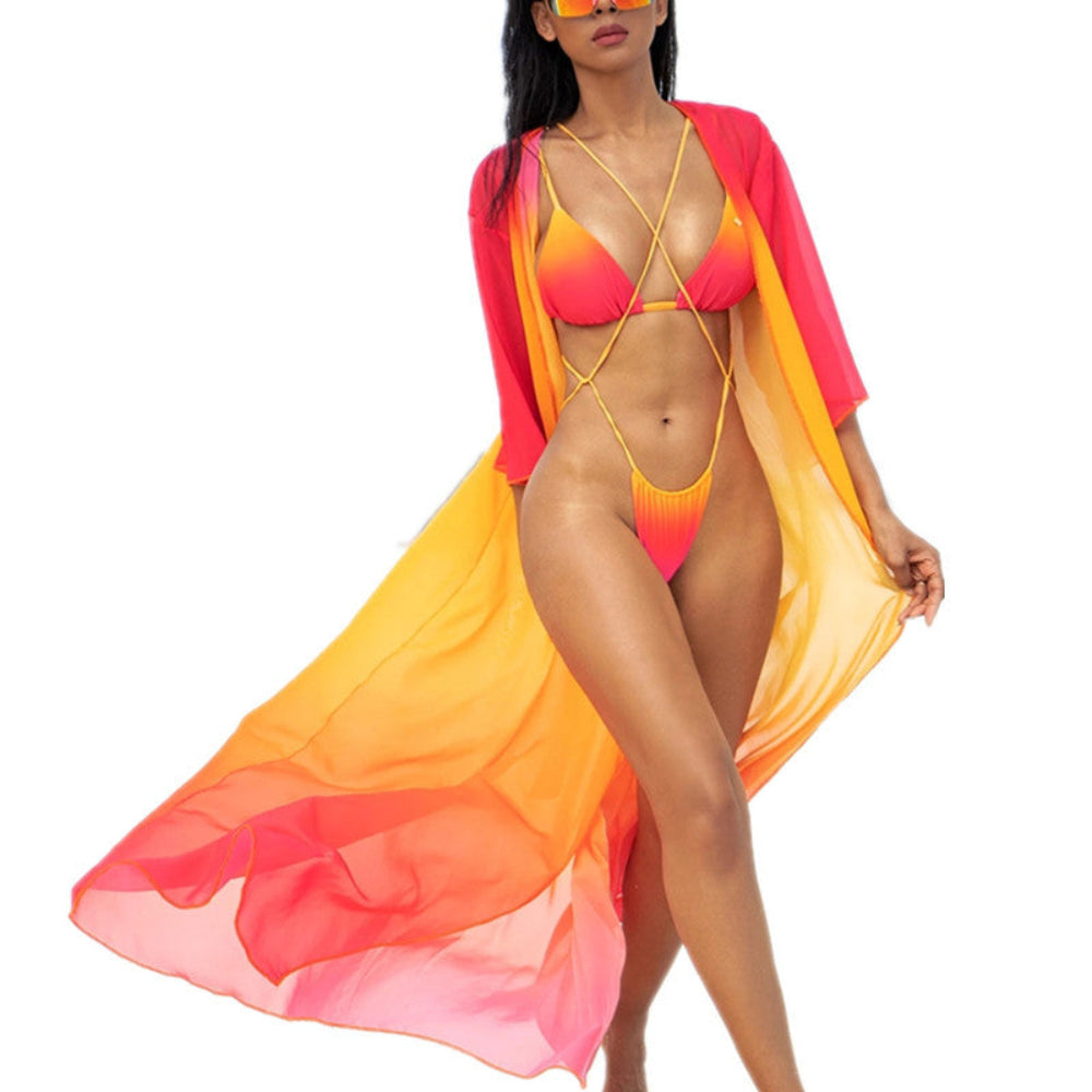 Ombre pink yellow bikini with crisscross strappy top and long sheer gradient kimono cover-up.