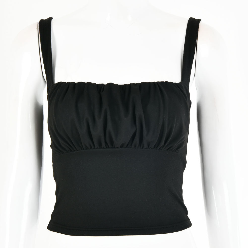 Black Ruched Crop Top - Square Neck Spaghetti Strap Sleeveless Fitted Crop Top for Women