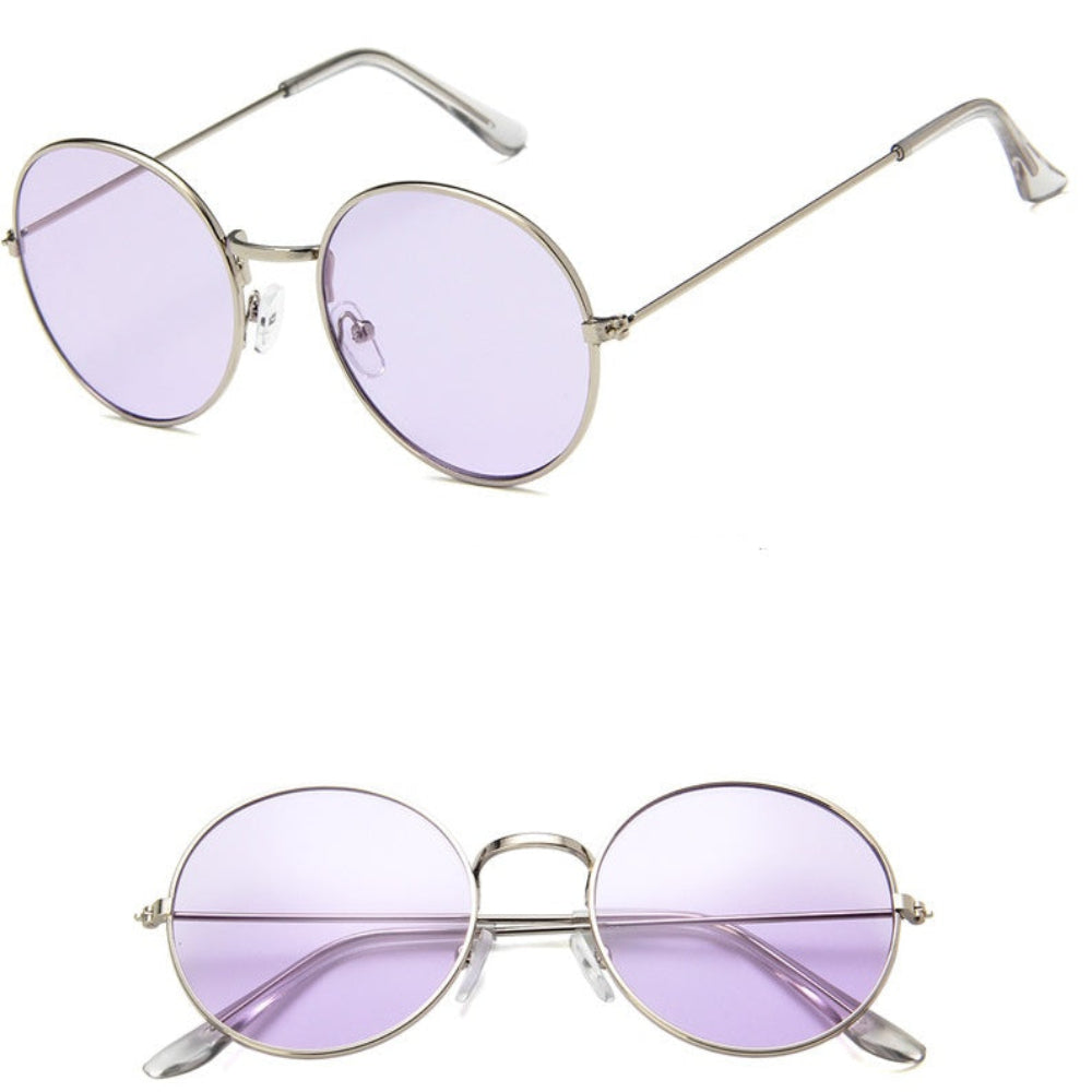Stylish silver metal round sunglasses featuring soft purple/lavender tinted lenses, shown from multiple angles