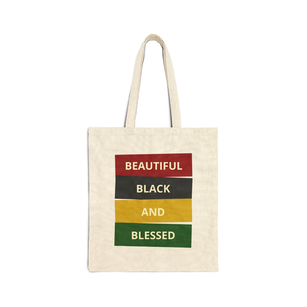 Natural canvas tote bag with "BEAUTIFUL BLACK AND BLESSED" graphic.