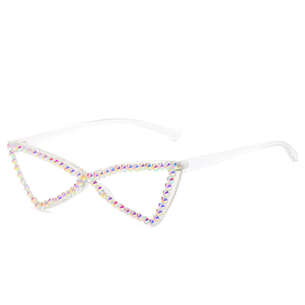 Clear triangle sunglasses with iridescent rhinestone frames, product photo on a white background.