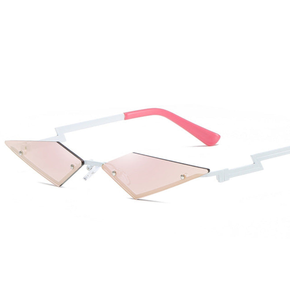 Rimless triangle sunglasses with peach-pink lenses and white lightning-bolt temples, product photo on a white background.