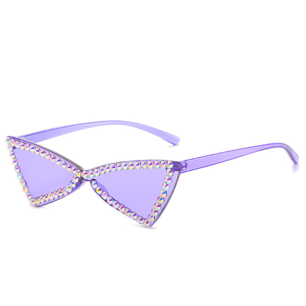 Rimless pink heart-shaped sunglasses with gold temples, product photo on a white background.