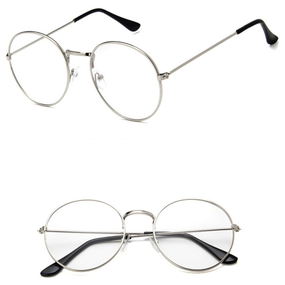 Stylish silver metal round eyeglasses featuring clear lenses and sleek black temple arms, shown from multiple angles