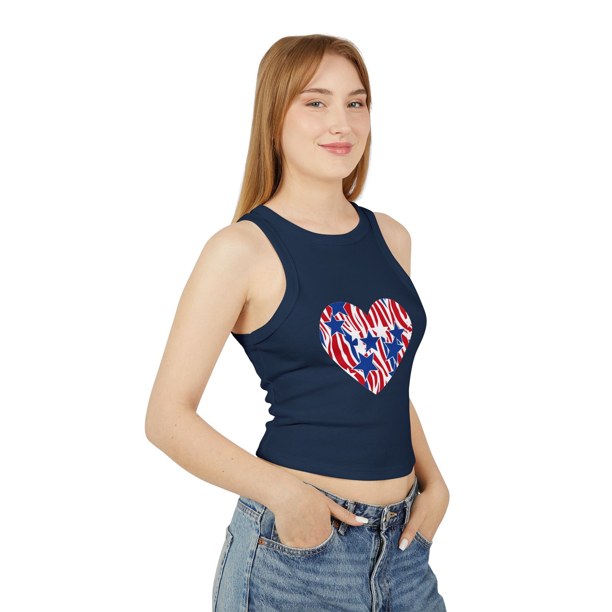Women's Patriotic Zebra Print Crop Top, 4th of July Stars Micro Rib Tank