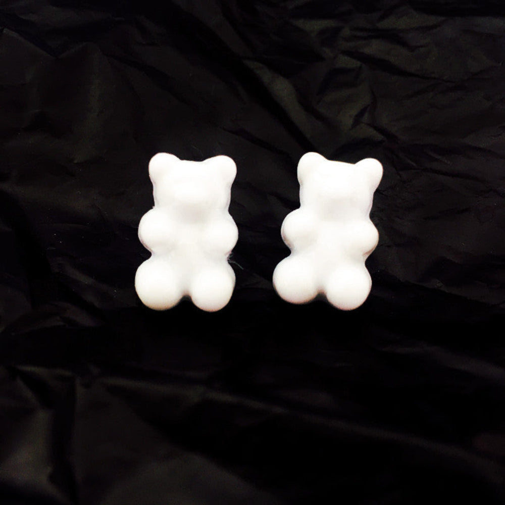 Solid white opaque gummy bear stud earrings, cute matte candy bear design with earring posts