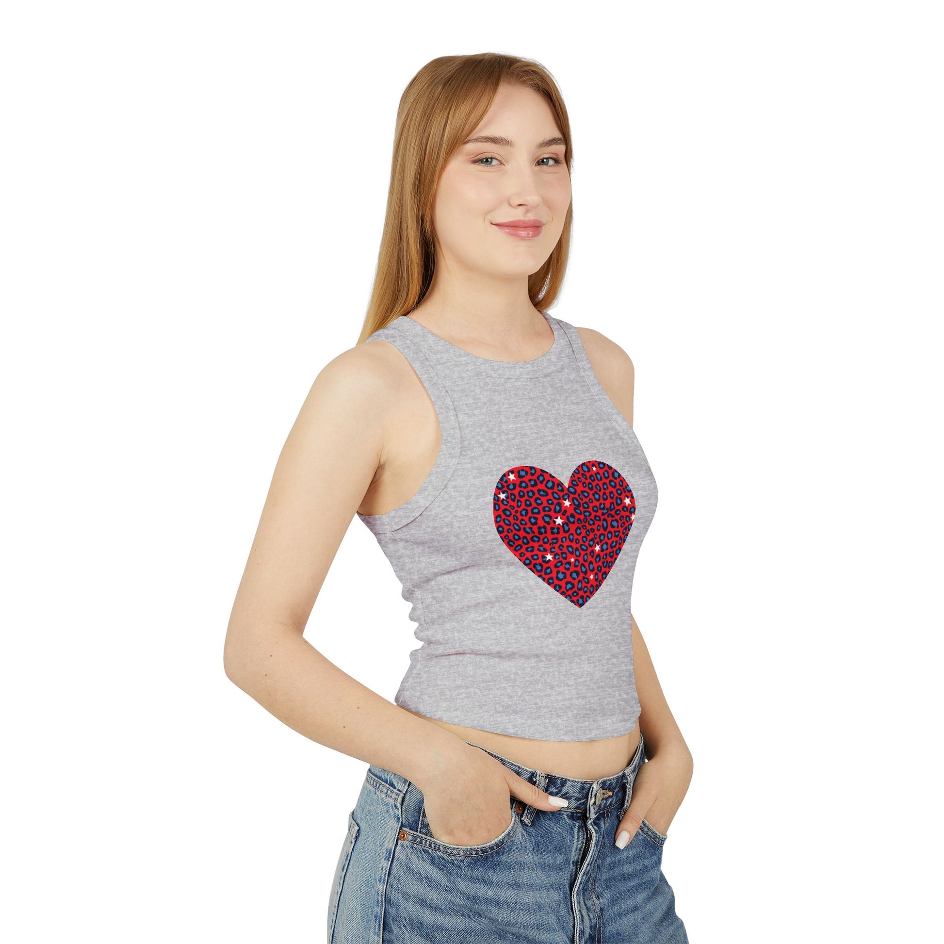 4th of July Red Heart Cheetah Print Women's Micro Rib Racer Tank Top