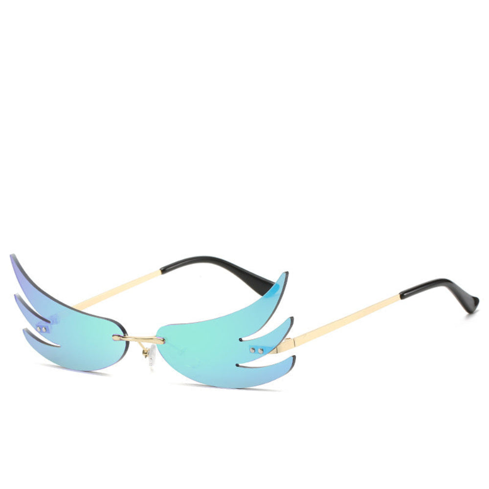 Rimless blue-teal wing-shaped sunglasses with gold temples, product photo on a white background.