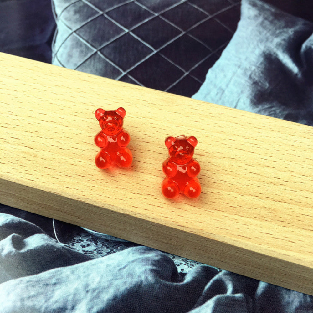 Bright red translucent gummy bear stud earrings, cute jelly candy bear design with earring posts