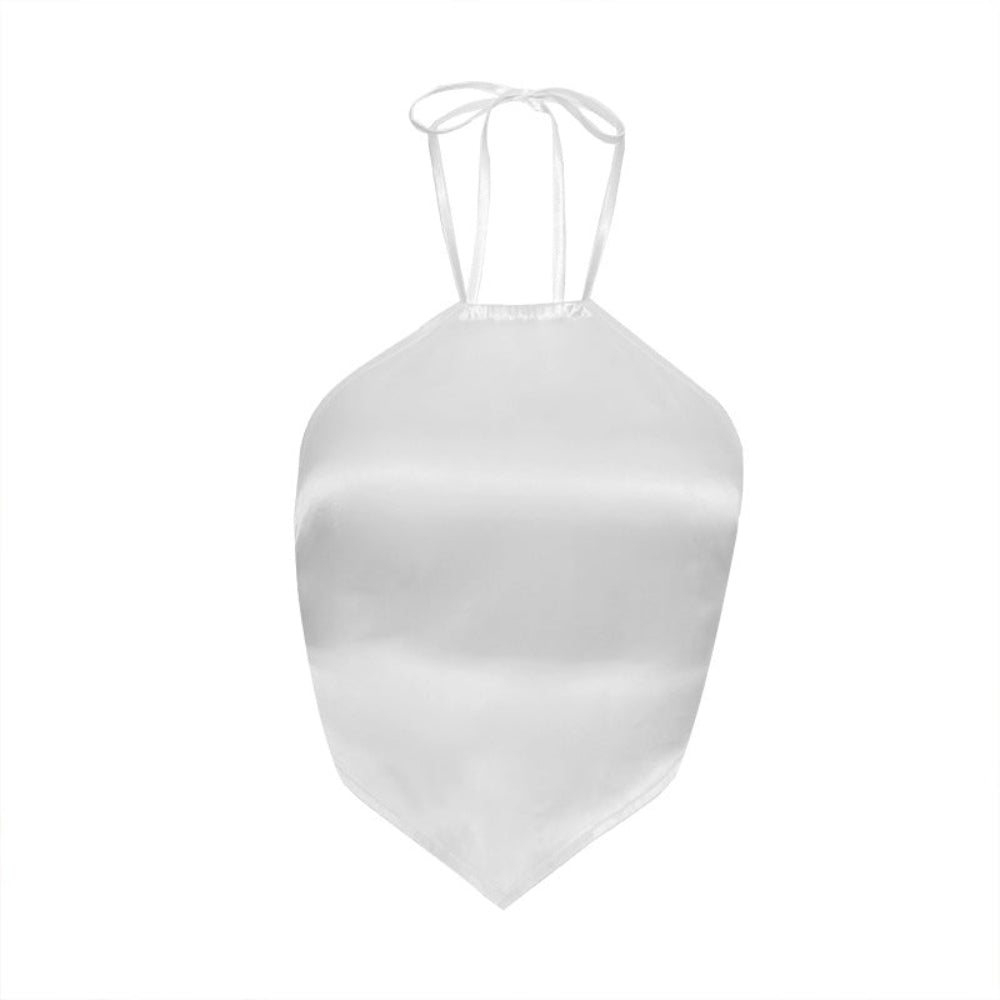White satin halter bandana crop top with tie neck straps and pointed handkerchief hem, shown flat lay on white background.
