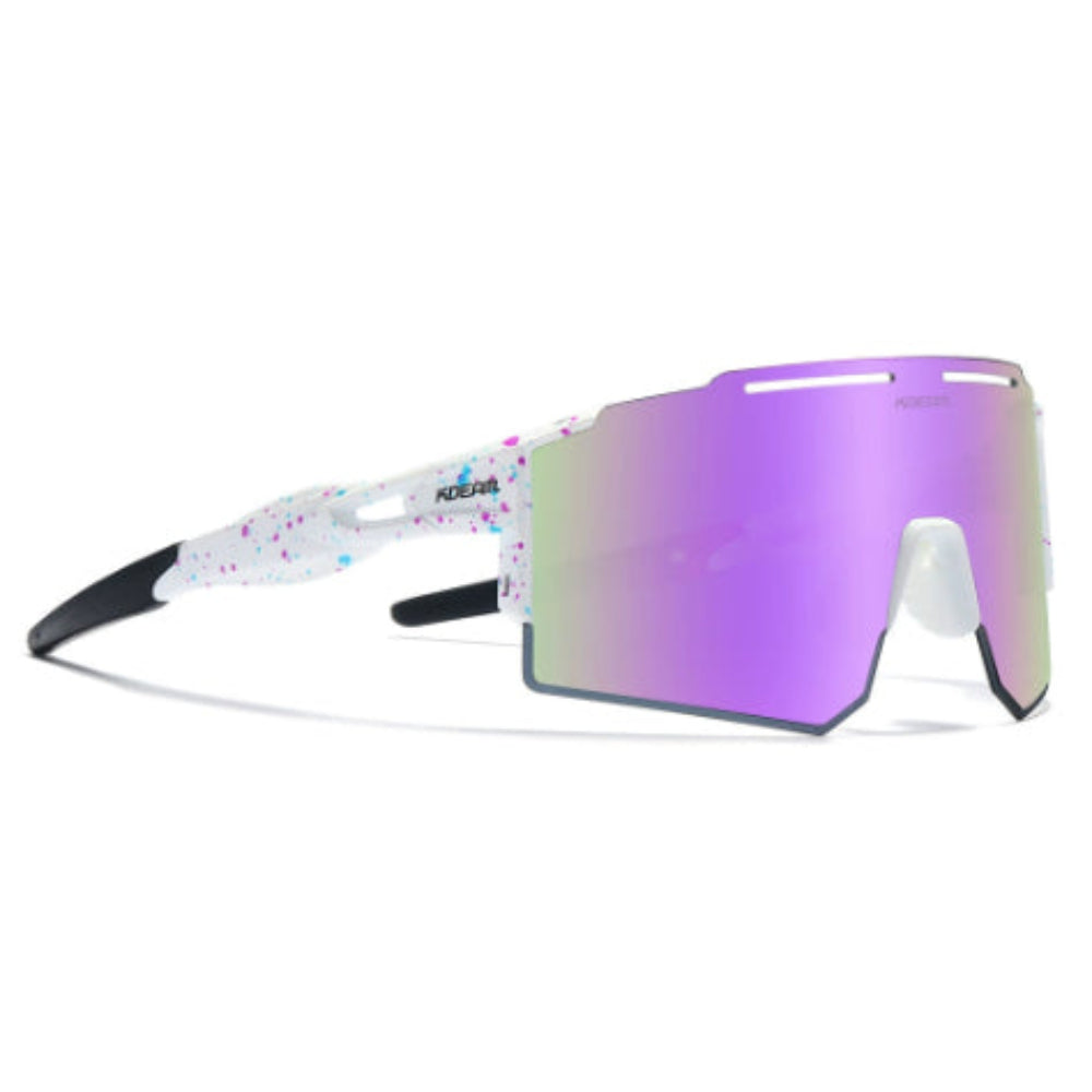 White speckled Oakley-style sport sunglasses with purple-green iridescent mirrored shield lens