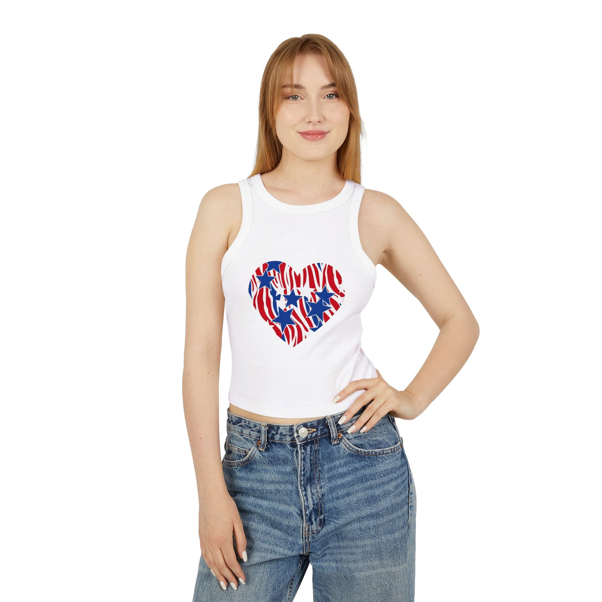 Women's Patriotic Zebra Print Crop Top, 4th of July Stars Micro Rib Tank