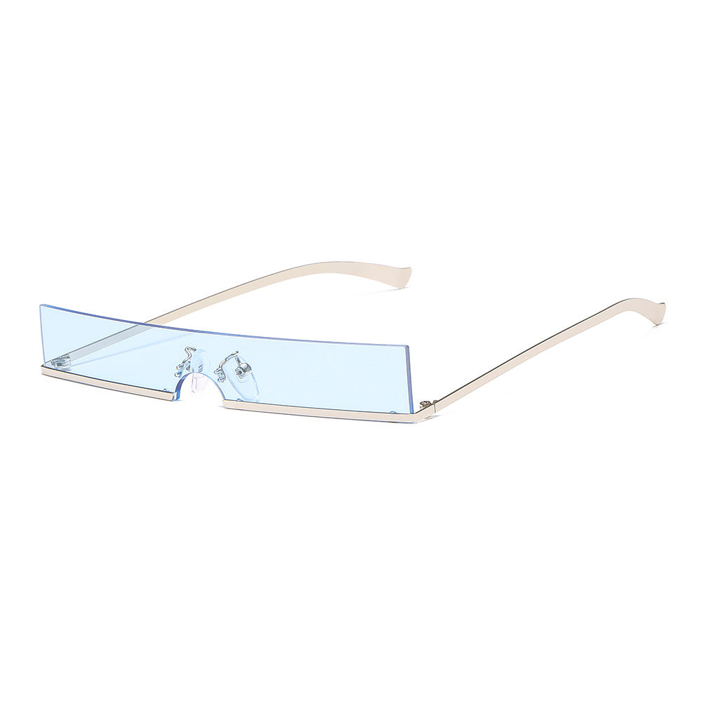 Rimless rectangular sunglasses with light-blue lenses and silver temples, product photo on a white background.