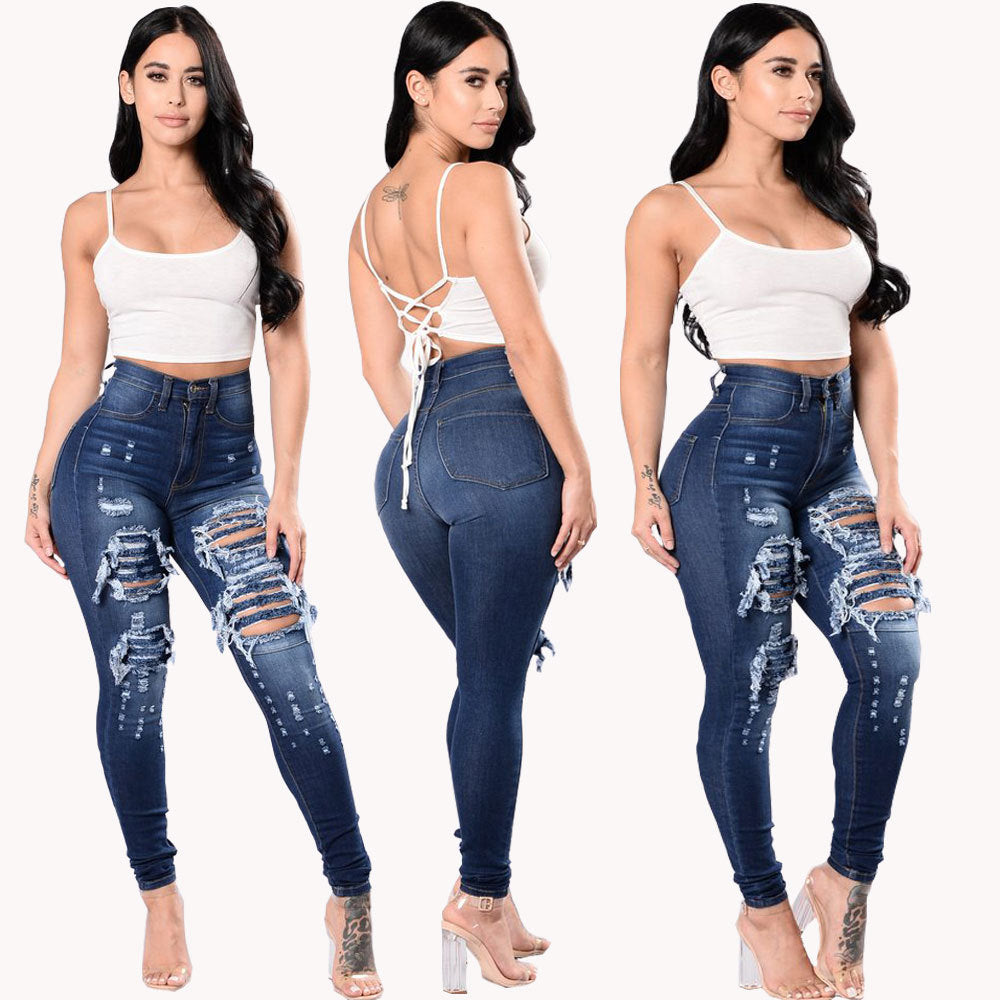 Three-panel collage showcasing a woman with long dark hair modeling high-waisted dark blue skinny jeans with heavy distressing and ripped details on the thighs and knees. Front, side, and back views highlight the figure-hugging fit, stretch fabric, and stylish whiskering. She wears a white spaghetti strap crop top with lace-up back detail and clear high-heeled sandals.