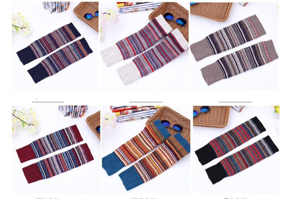 Assorted striped knit leg warmers in navy, cream, taupe, burgundy, teal, and black, product photos on a white background.
