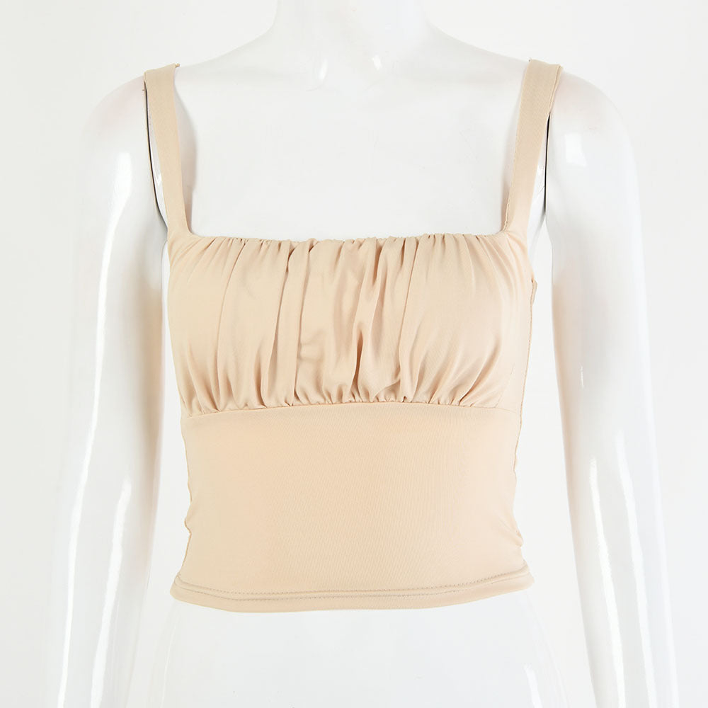Beige Ruched Crop Top - Nude Square Neck Spaghetti Strap Sleeveless Fitted Crop Top for Women