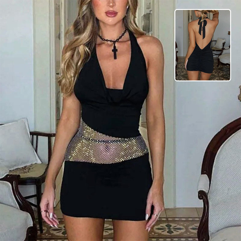 Sexy Halter Mini Dress - U-Neck Sequin Mesh Patchwork Short Dress