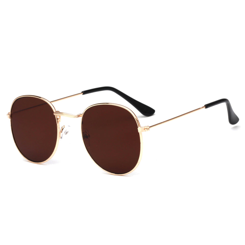 Stylish gold metal round sunglasses featuring reflective brown/bronze mirrored lenses and sleek black temple arms