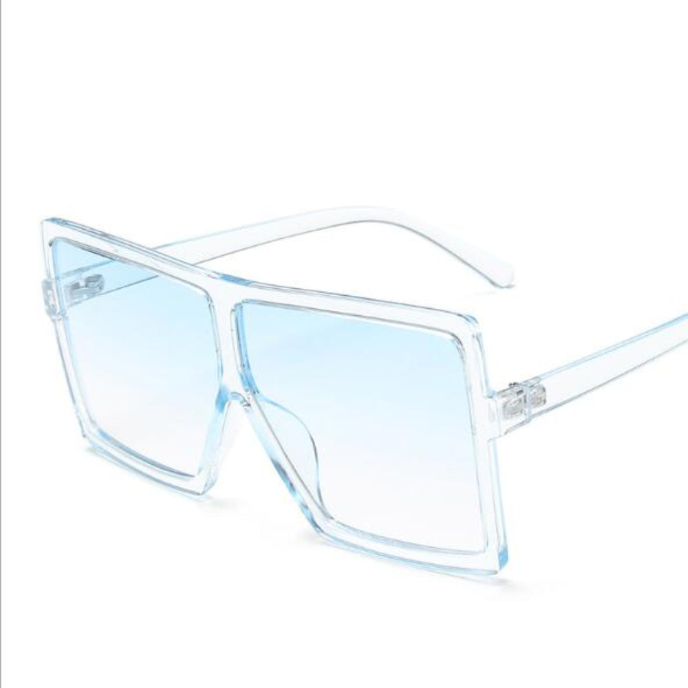 Clear sunglasses with blue-tinted lenses on a white background