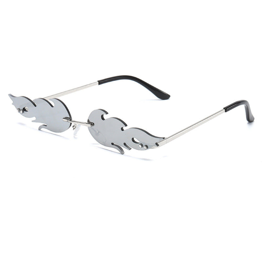 Rimless flame-shaped sunglasses with silver mirror lenses and silver temples, product photo on a white background.