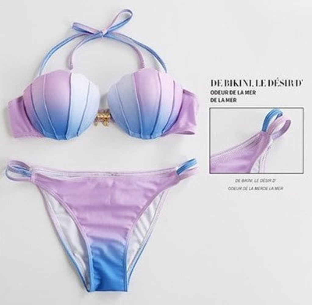 Purple and blue bikini set with a close-up inset on a light gray background