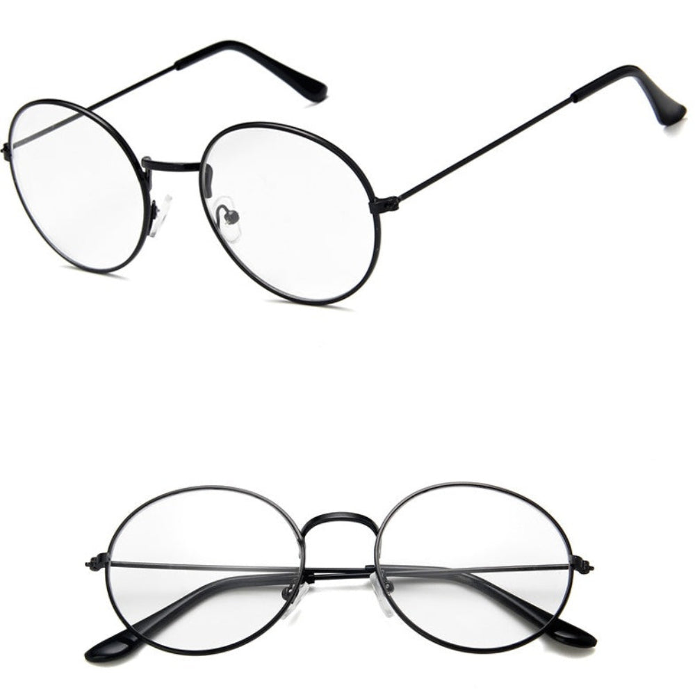 Stylish black metal round eyeglasses featuring clear lenses and sleek black temple arms, shown from multiple angles
