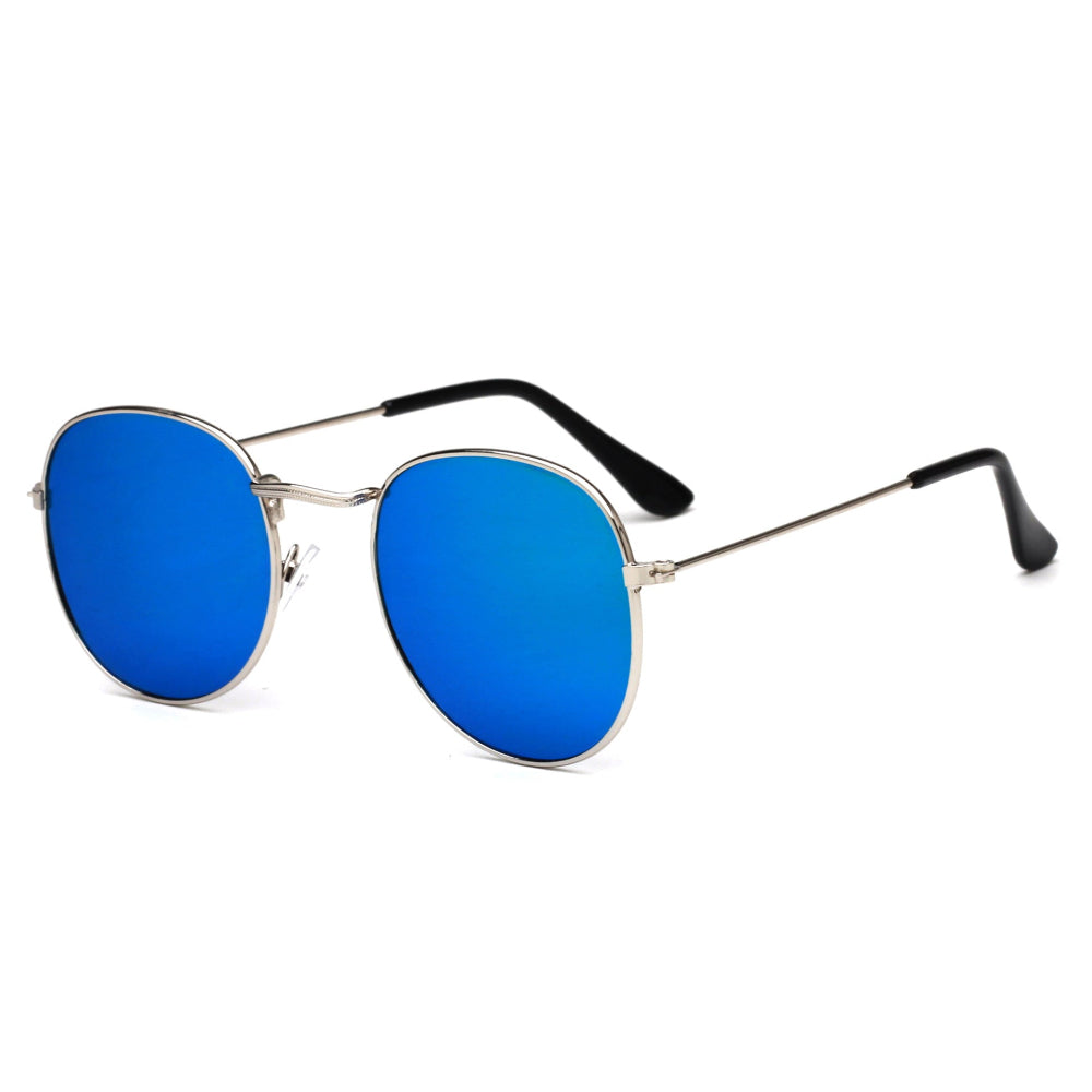 Stylish silver metal round sunglasses featuring vibrant blue mirrored reflective lenses and sleek black temple arms