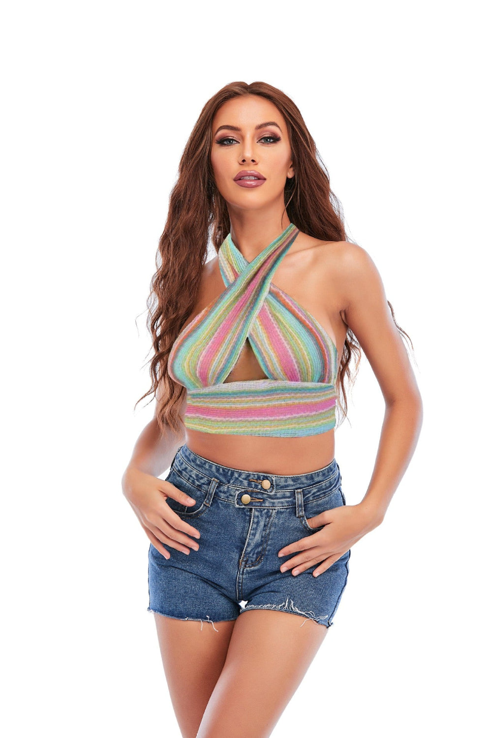 Multi Stripe Crisscross Halter Crop Top - Rainbow Striped Twist Front Cutout Knit Crop Top for Women